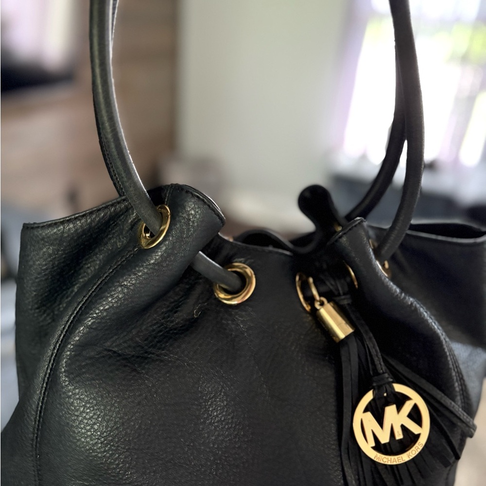 Michael Kors Black Leather Shoulder Bag with Gold Accents